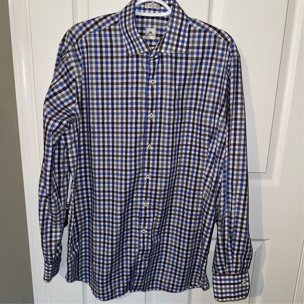 Peter Millar Men's Cotton Blue Brown Checkered‎ Long Sleeve Dress Shirt Size L